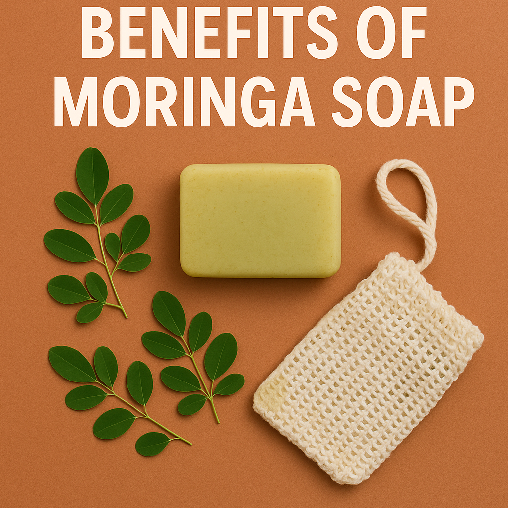 Benefit of moringa soap image showing soap, and moringa leaf